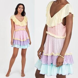 Pitusa Rainbow Ruffle Mini Dress S Petite Tiered Flowy Colorful Flutter Sleeves
